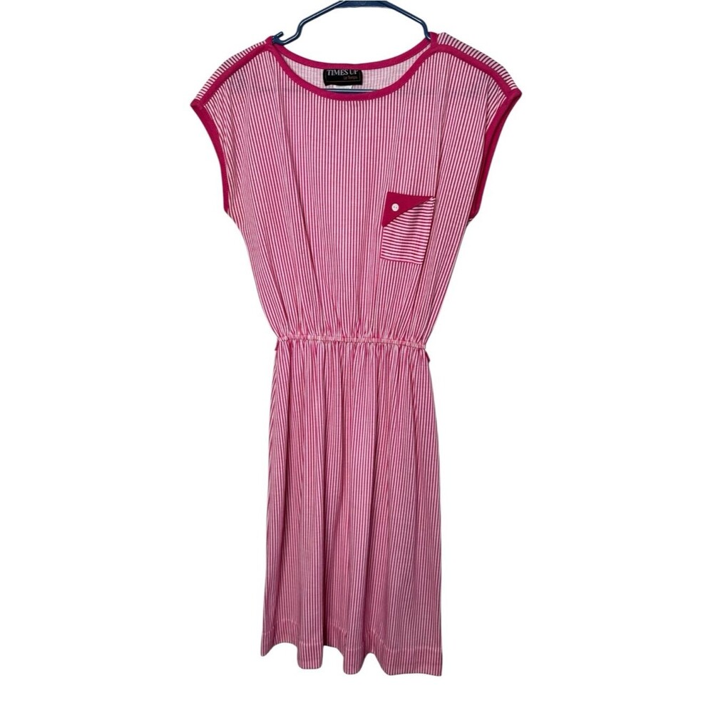 Vintage Times Up Le Temps Pink White Striped Dress Size 13/14 Midi A-Line Pocket